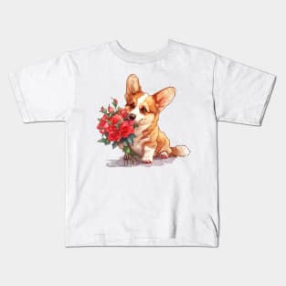 Valentine Pembroke Welsh Corgi Dog Giving Flowers Kids T-Shirt